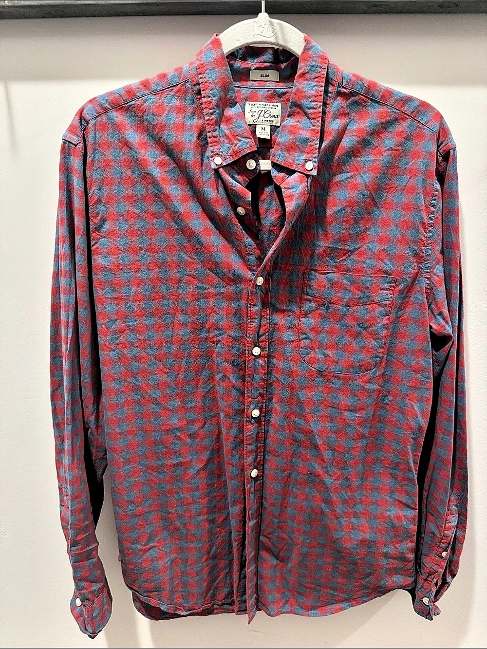 Flag & Anthem Slim Fit Button Down Shirt Plaid Shirt in Blue & Red Size Medium